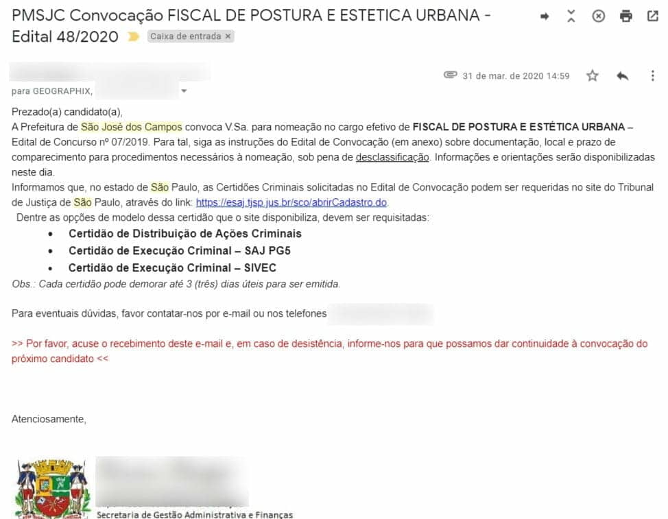 Mensagem de convocação após aprovação no concurso público
