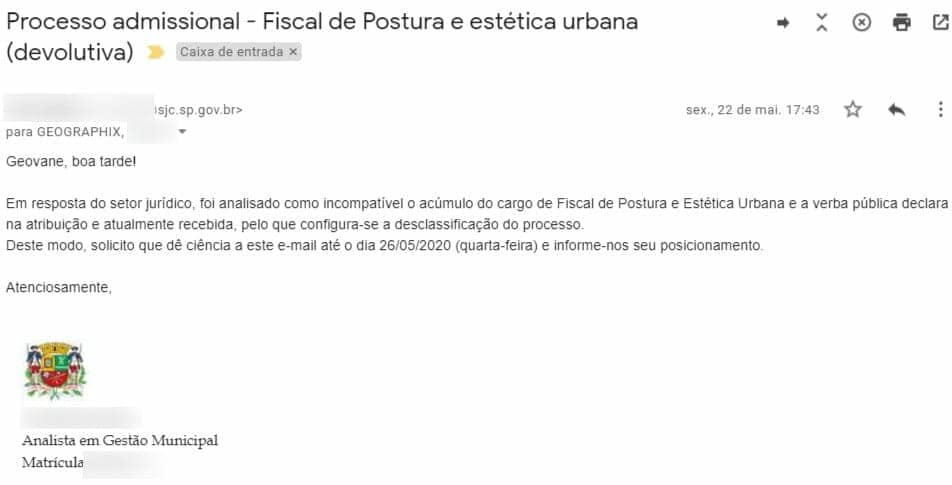 Mensagem descartando minha admissão